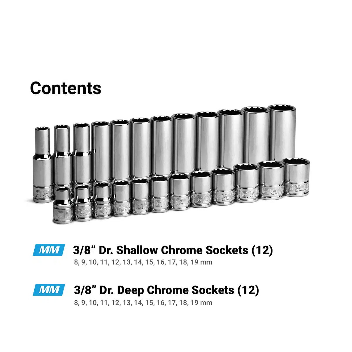 3/8" Drive Shallow and Deep Chrome Socket Set, Metric , 12-Point, 8 to 19 mm, Blue