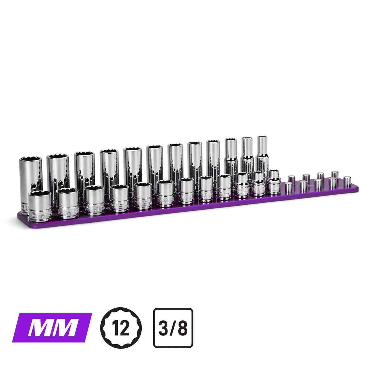 3/8" Drive Shallow and Deep Chrome Socket Set, Metric , 12-Point, 8 to 19 mm, Purple