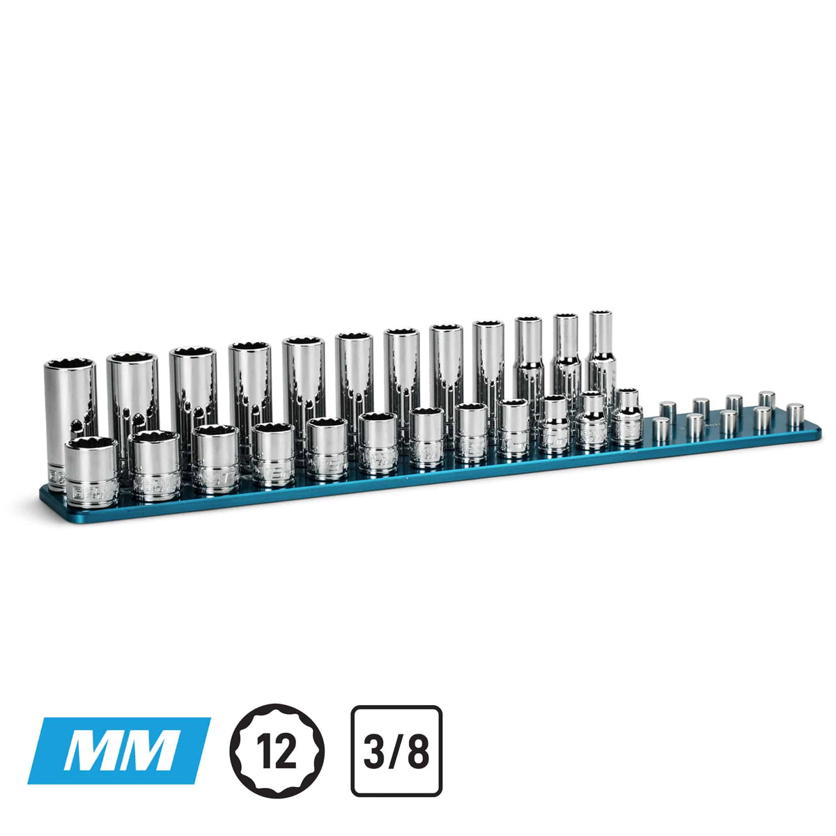 3/8" Drive Shallow and Deep Chrome Socket Set, Metric , 12-Point, 8 to 19 mm, Blue