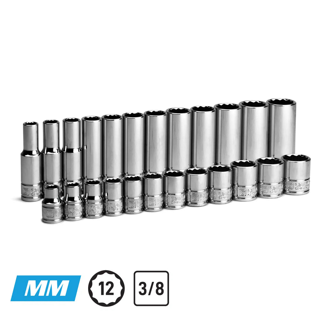 3/8" Drive 12-Point Shallow and Deep Socket Set, Metric, 8-19 mm