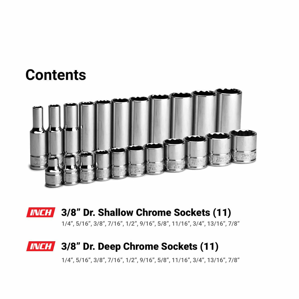 3/8" Drive Shallow and Deep Socket Set, SAE,12-Point, 1/4 to 7/8", Red