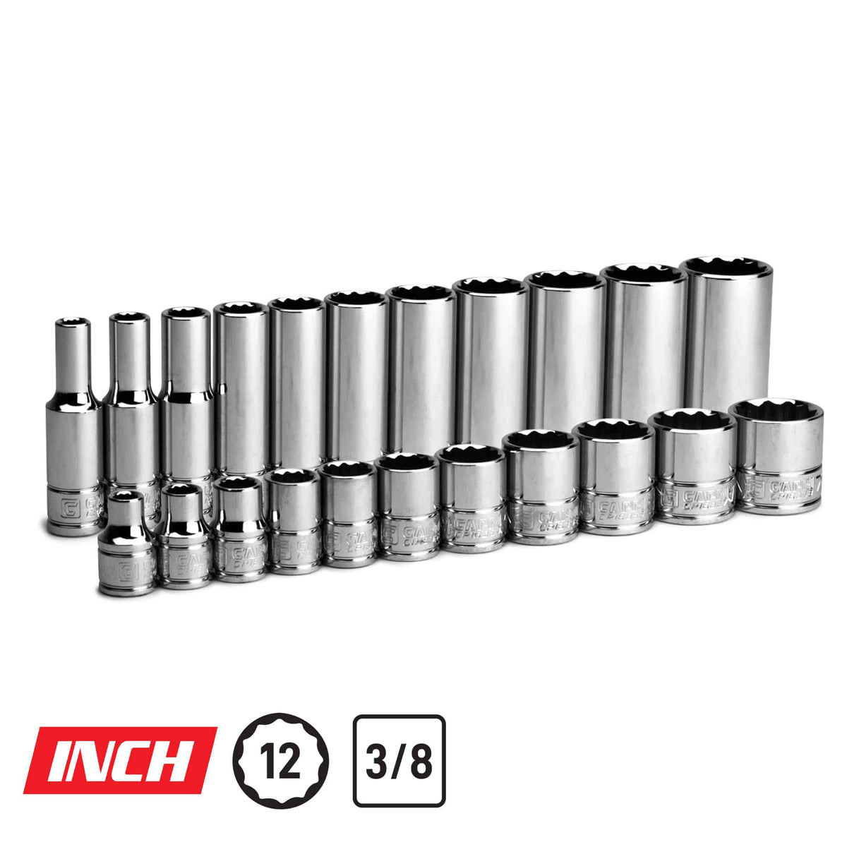 3/8" Drive 12-Point Shallow and Deep Socket Set, SAE, 1/4-7/8"