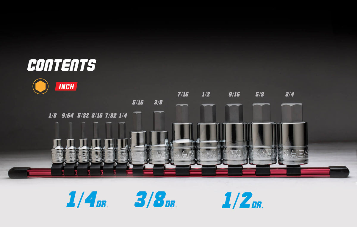 Hex Bit Socket Set, SAE, 13-Piece, Socket Rail