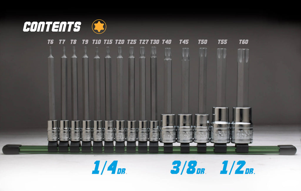 Long Star Bit Socket Set, 15-Piece, Socket Rail