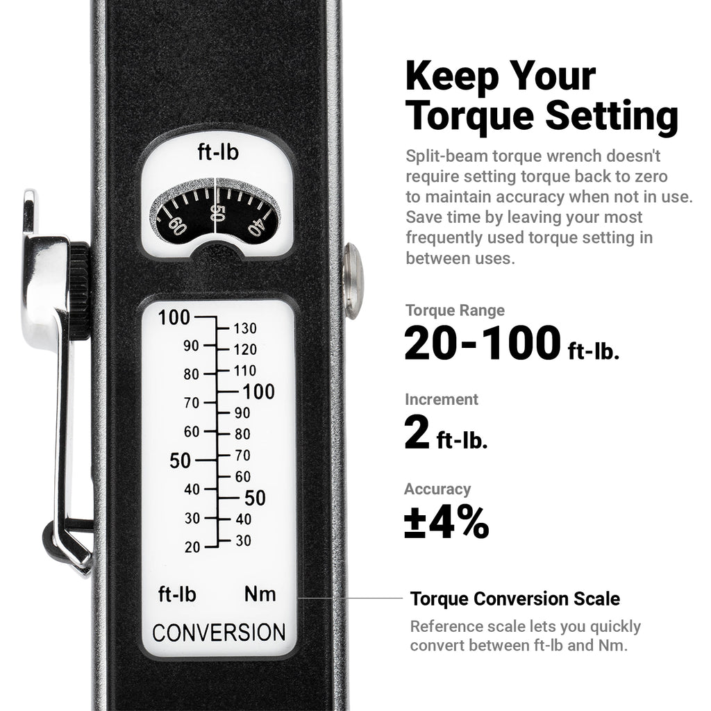 3/8" Dr. Flex-Head Split Beam Torque Wrench, 20-100 ft-lb.