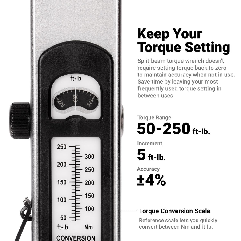 1/2" Dr. Flex-Head Split Beam Torque Wrench, 50-250 ft-lb.