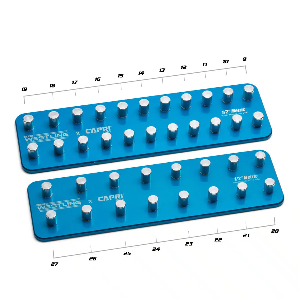 1/2" Drive Premium 2 Row Aluminum Socket Trays, Metric 9-27 mm, Blue, 2-Piece