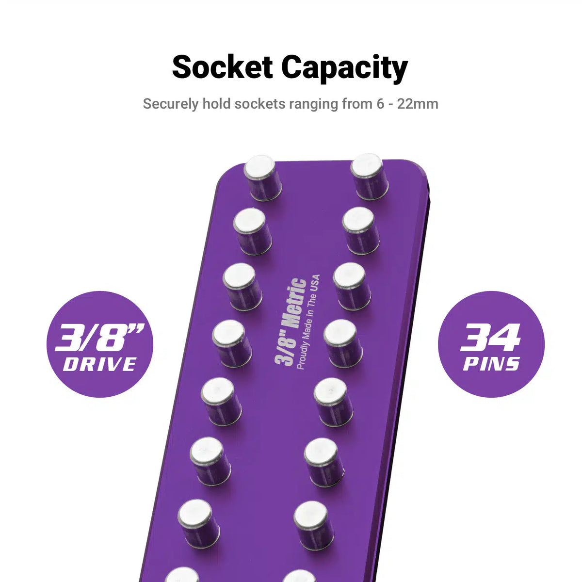 3/8" Drive Premium 2 Row Aluminum Socket Tray, Metric 6-22 mm, Purple