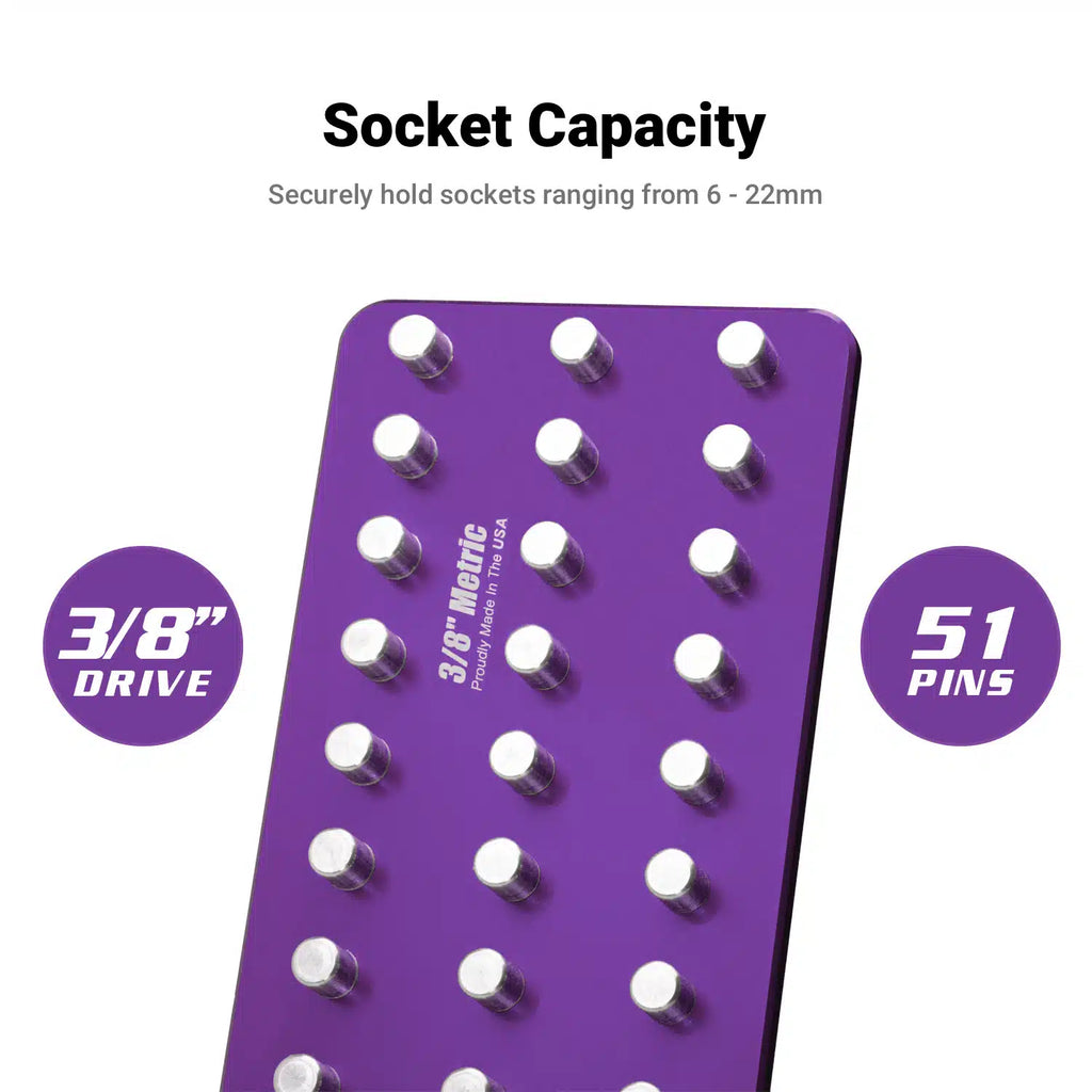 3/8" Drive Premium 3 Row Aluminum Socket Tray, Metric 6-22 mm, Purple