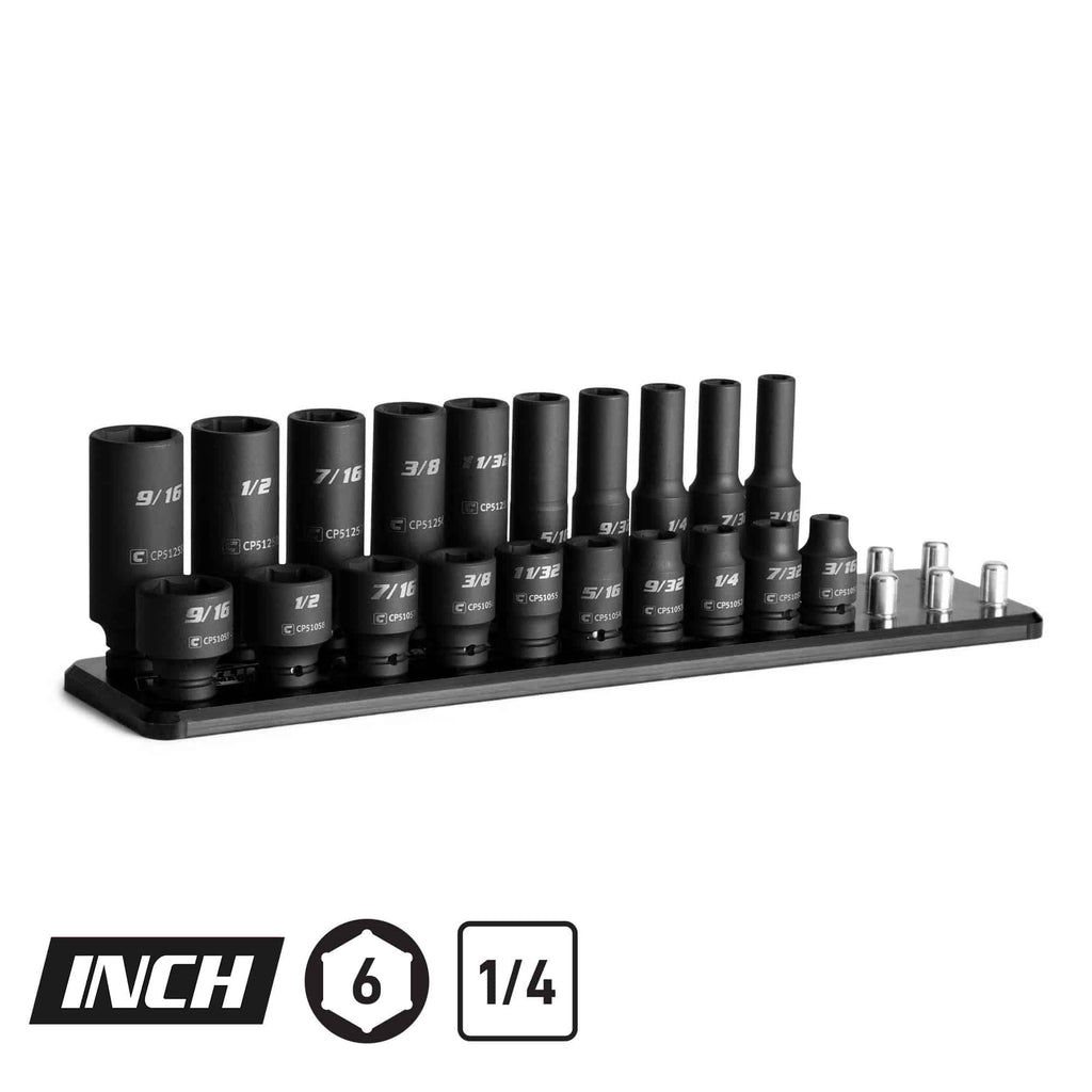 1/4" Drive 6-Point Master Impact Socket Set, 3/16-9/16", Billet Aluminum Tray, Black
