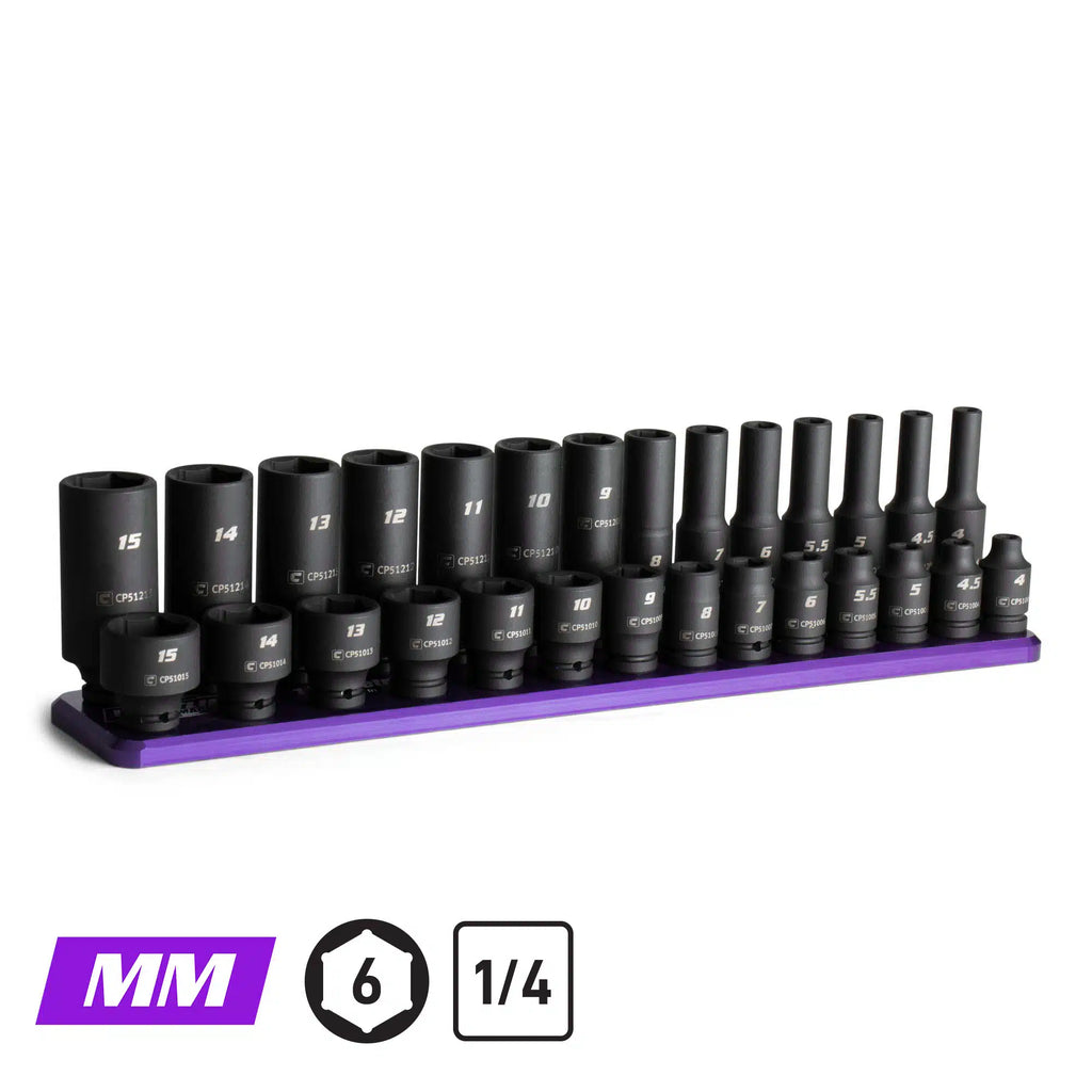 1/4" Drive 6-Point Master Impact Socket Set, 4-15 mm, Billet Aluminum Tray, Purple
