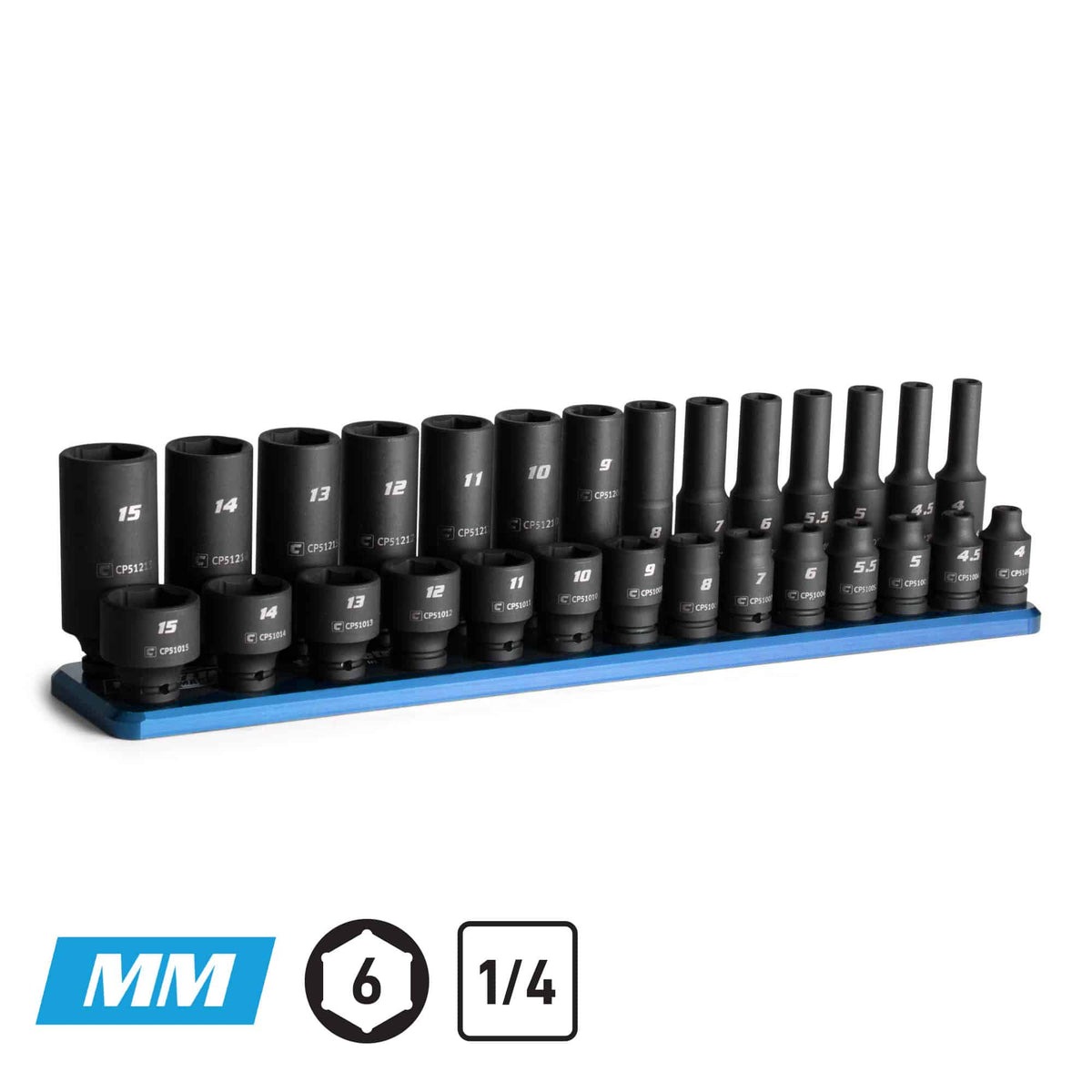 1/4" Drive 6-Point Master Impact Socket Set, 4-15 mm, Billet Aluminum Tray, Blue