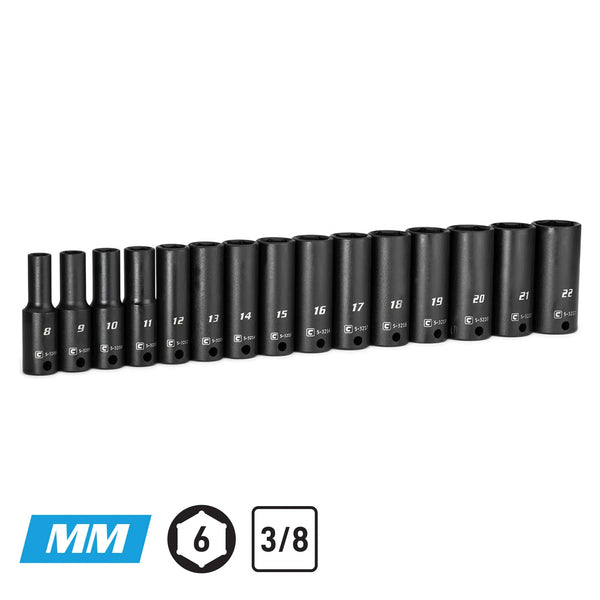 3/8" Drive 6-Point Deep Impact Socket Sets, 8-22 mm, Metric