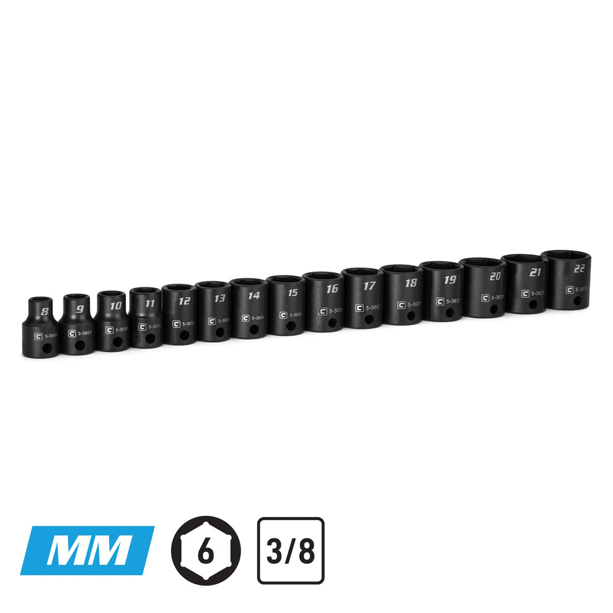 3/8" Drive 6-Point Shallow Impact Socket Set, 8-22 mm