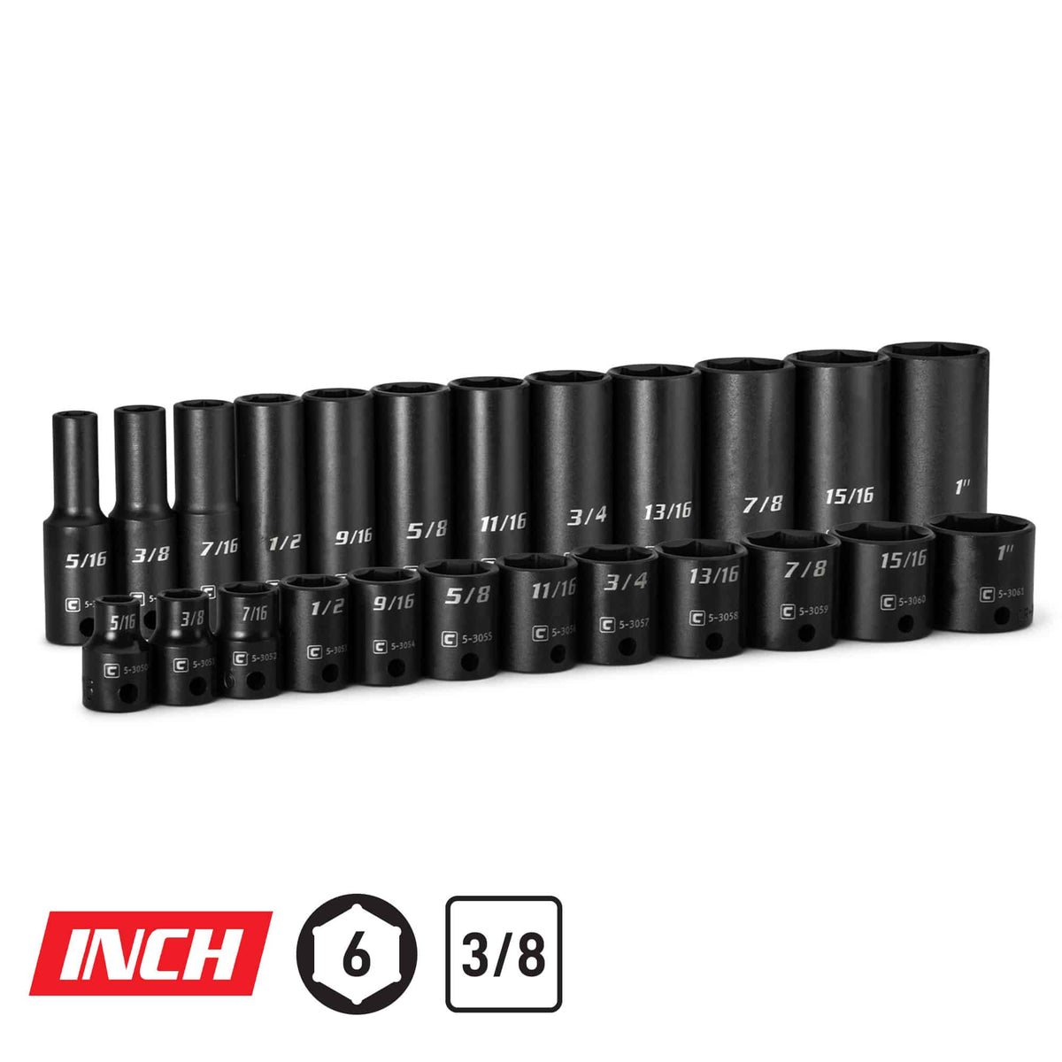 3/8" Drive 6-Point Impact Socket Set, Shallow and Deep, 5/16-1"