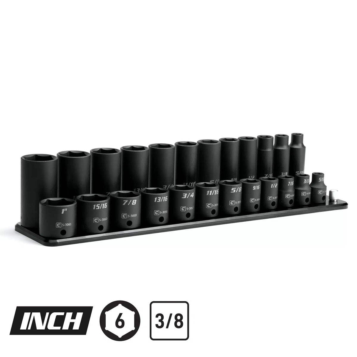 3/8" Drive 6-Point Impact Socket Set, 5/16-1", Billet Aluminum Tray, Black