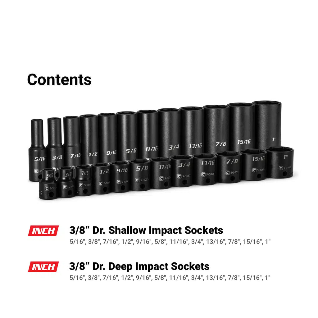 3/8" Drive 6-Point Impact Socket Set, 5/16-1", Billet Aluminum Tray, Black