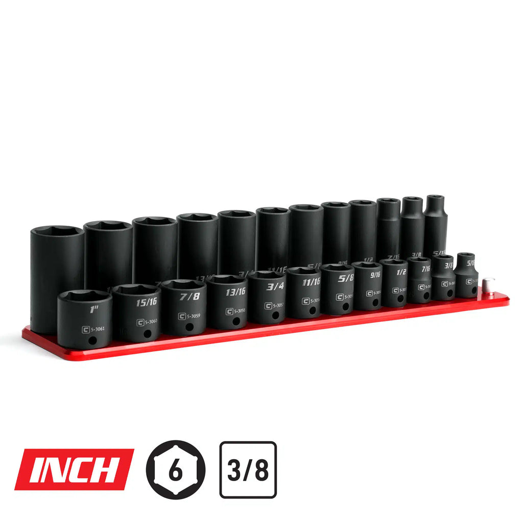3/8" Drive 6-Point Impact Socket Set, 5/16-1", Billet Aluminum Tray