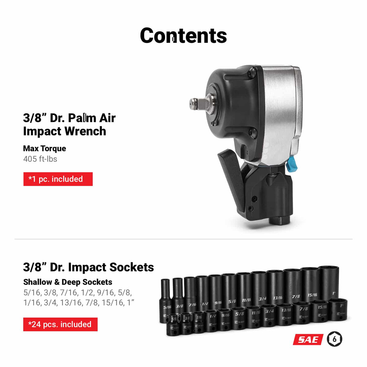 3/8" Drive Palm Air Essentials Impact Bundle, SAE
