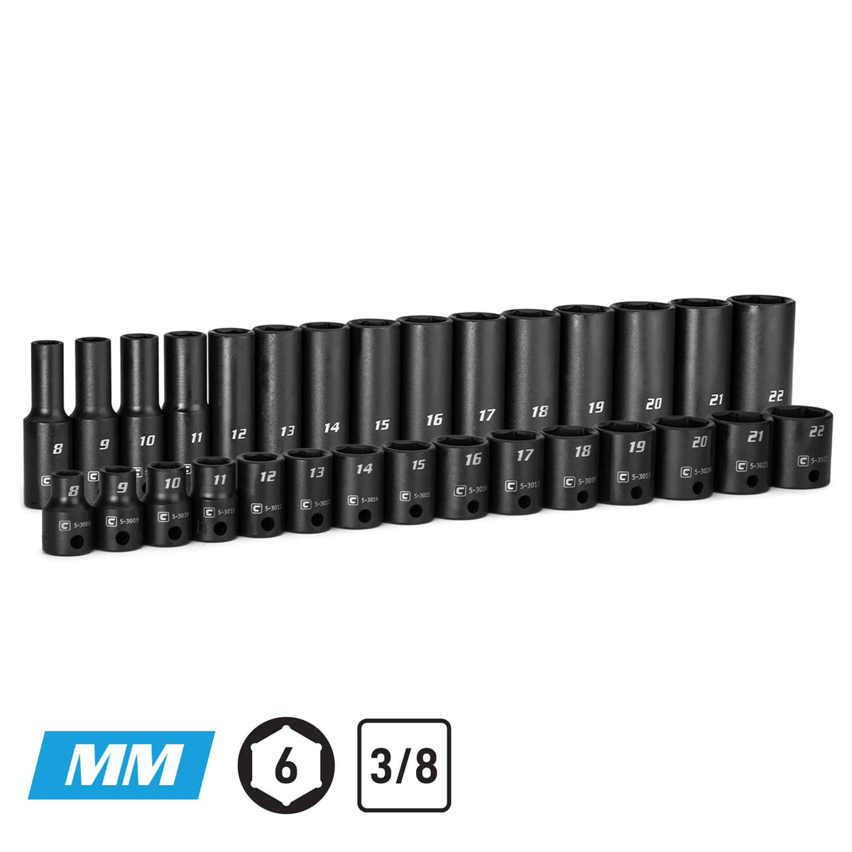 3/8" Drive 6-Point Impact Socket Set, Shallow and Deep, 8-22 mm