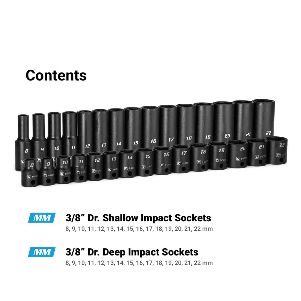 3/8" Drive 6-Point Impact Socket Set, Shallow and Deep, 8-22 mm, Billet Aluminum Tray, Purple