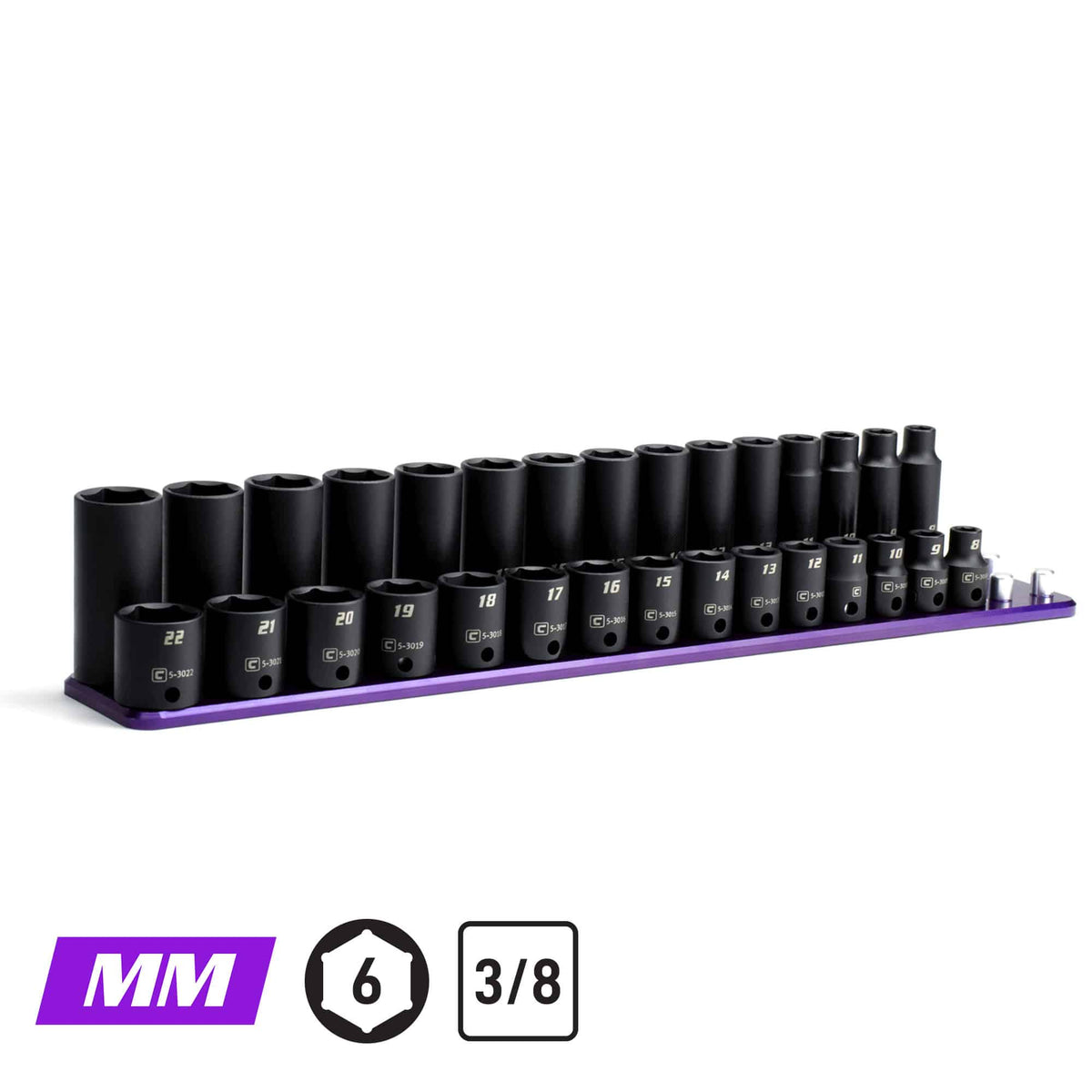 3/8" Drive 6-Point Impact Socket Set, Shallow and Deep, 8-22 mm, Billet Aluminum Tray, Purple