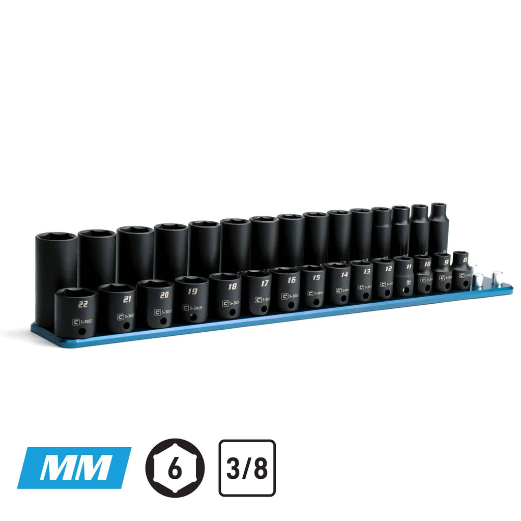 3/8" Drive 6-Point Impact Socket Set, Shallow and Deep, 8-22 mm, Billet Aluminum Tray, Blue