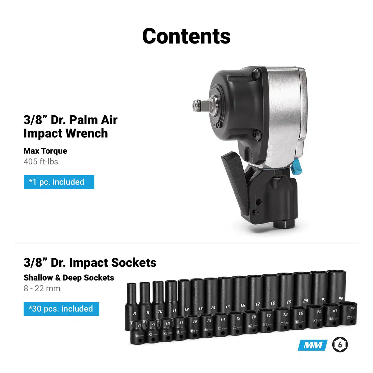 3/8" Drive Palm Air Essentials Impact Bundle, Metric