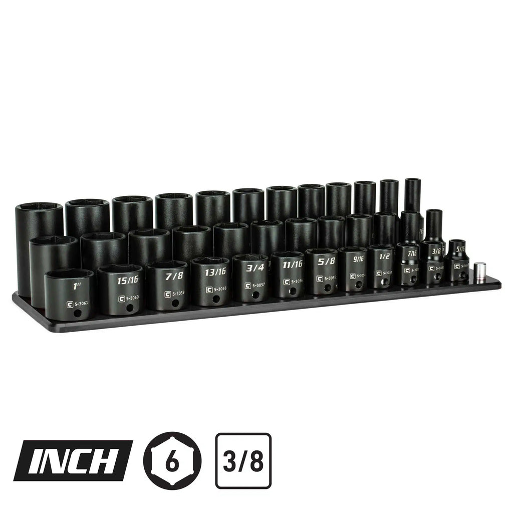 3/8" Drive 6-Point Master Impact Socket Set, 5/16-1", Billet Aluminum Tray, Black