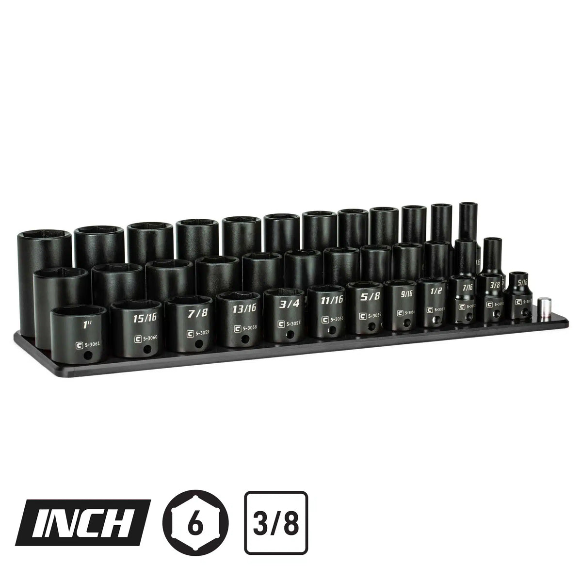 3/8" Drive 6-Point Master Impact Socket Set, 5/16-1", Billet Aluminum Tray, Black