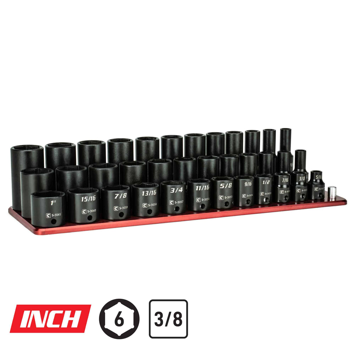 3/8" Drive 6-Point Master Impact Socket Set, 5/16-1", Billet Aluminum Tray, Red