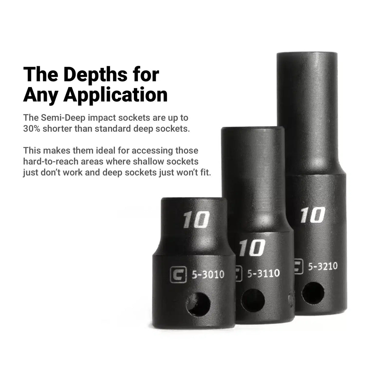 3/8" Drive Semi-Deep Impact Sockets, 6-Point, Metric