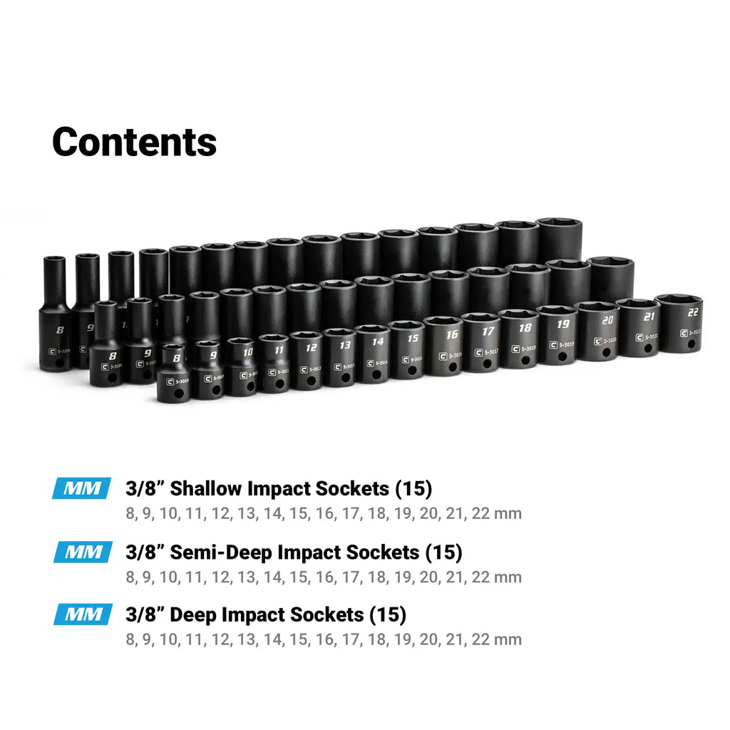 3/8" Drive 6-Point Master Impact Socket Set, 8-22 mm, 45-Piece, Billet Aluminum Tray, Blue