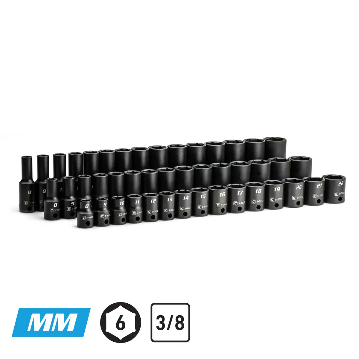 3/8" Drive 6-Point Master Impact Socket Set, 8-22 mm, 45-Piece