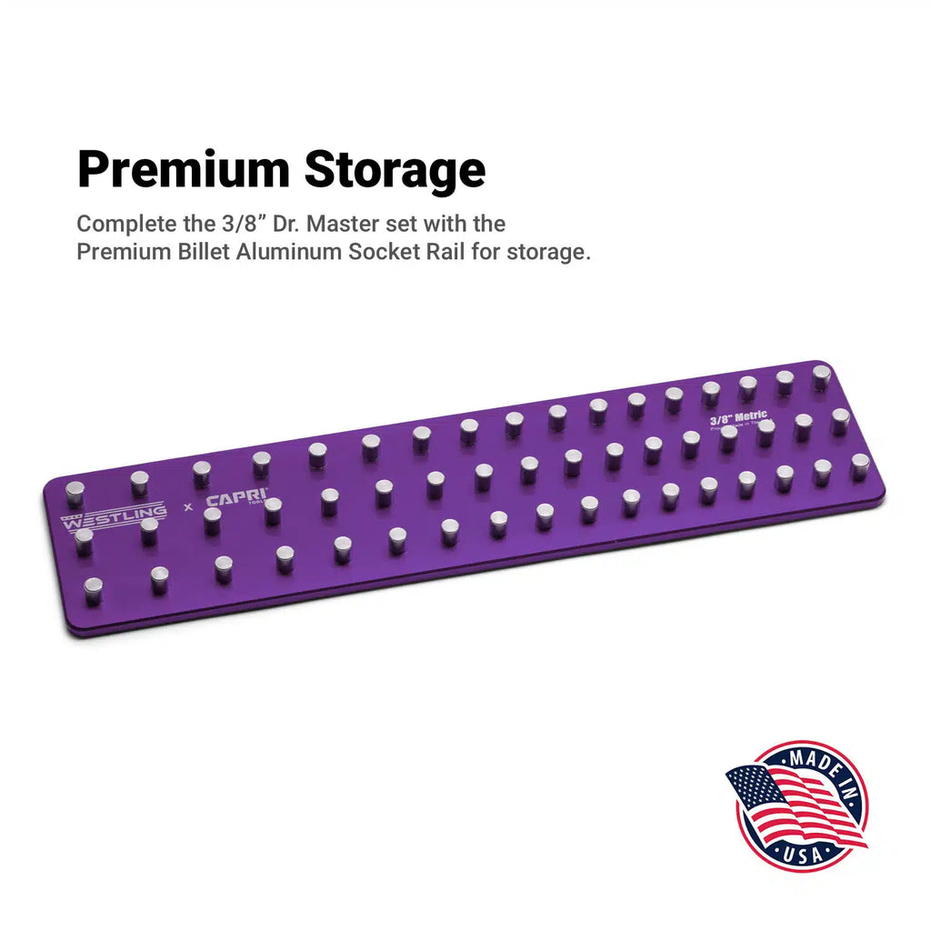 3/8" Drive 6-Point Impact Socket Set, Shallow and Deep, 8-22 mm, Billet Aluminum Tray, Purple