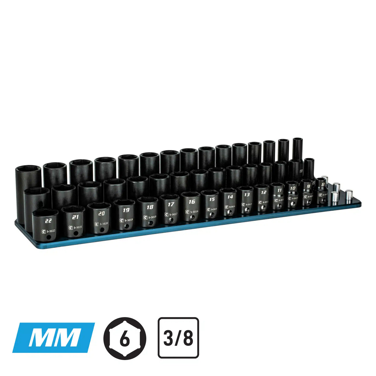 3/8" Drive 6-Point Master Impact Socket Set, 8-22 mm, 45-Piece, Billet Aluminum Tray, Blue