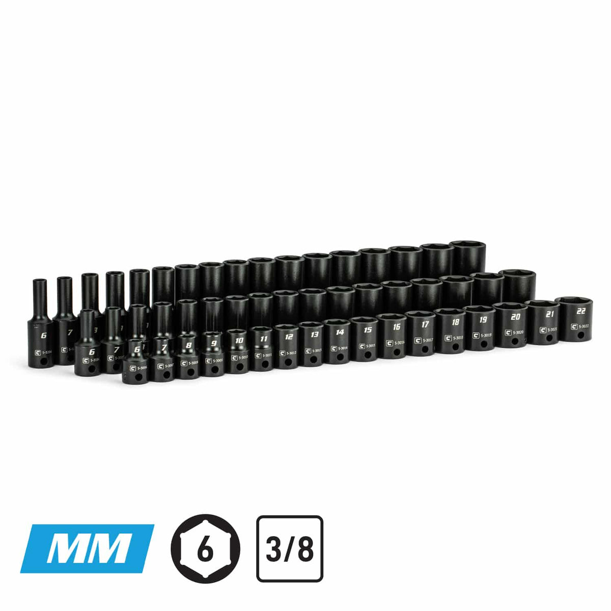 3/8" Drive 6-Point Master Impact Socket Set, 6-22 mm