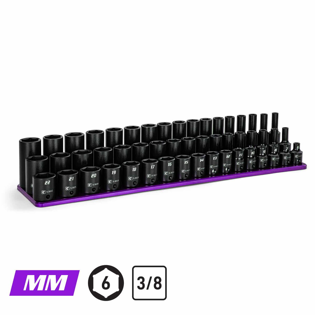 3/8" Drive 6-Point Master Impact Socket Set, 6-22 mm, Billet Aluminum Tray, Purple