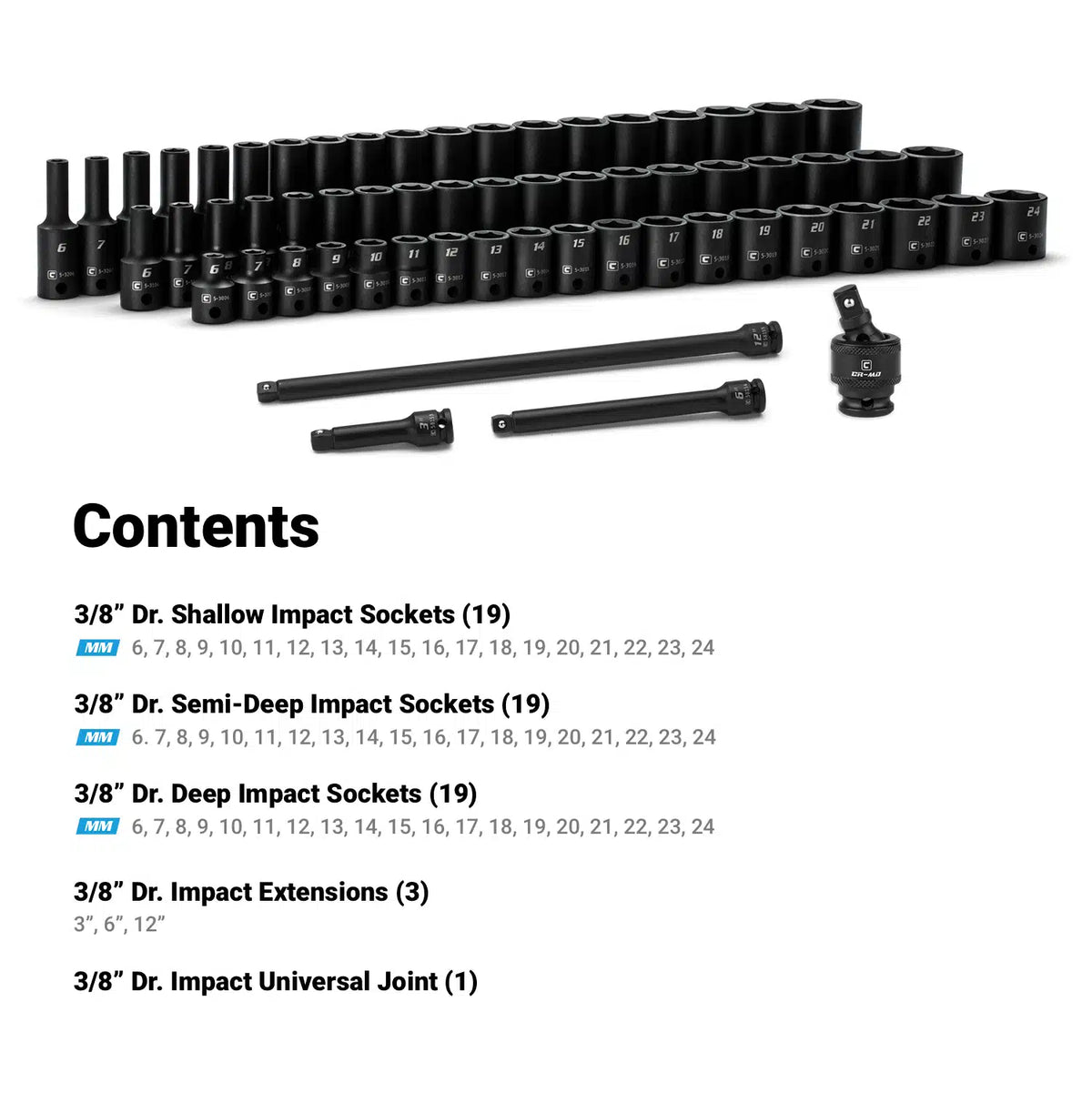 3/8" Drive 6-Point Ultimate Impact Socket Set, 6-24 mm