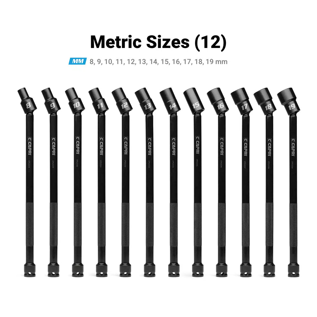 3/8" Drive Pinless Universal Long Extension Impact Socket Set, Metric, 8-19 mm