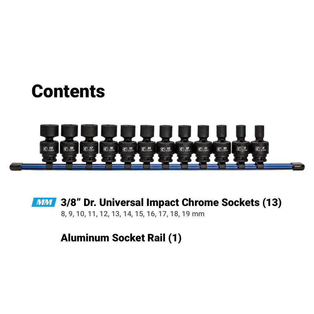 3/8" Drive Universal Impact Socket Set, 8-19 mm, Aluminum Socket Rail