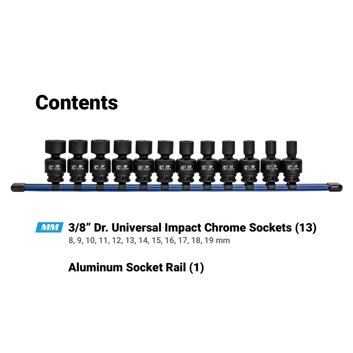 3/8" Drive Universal Impact Socket Set, 8-19 mm, Aluminum Socket Rail
