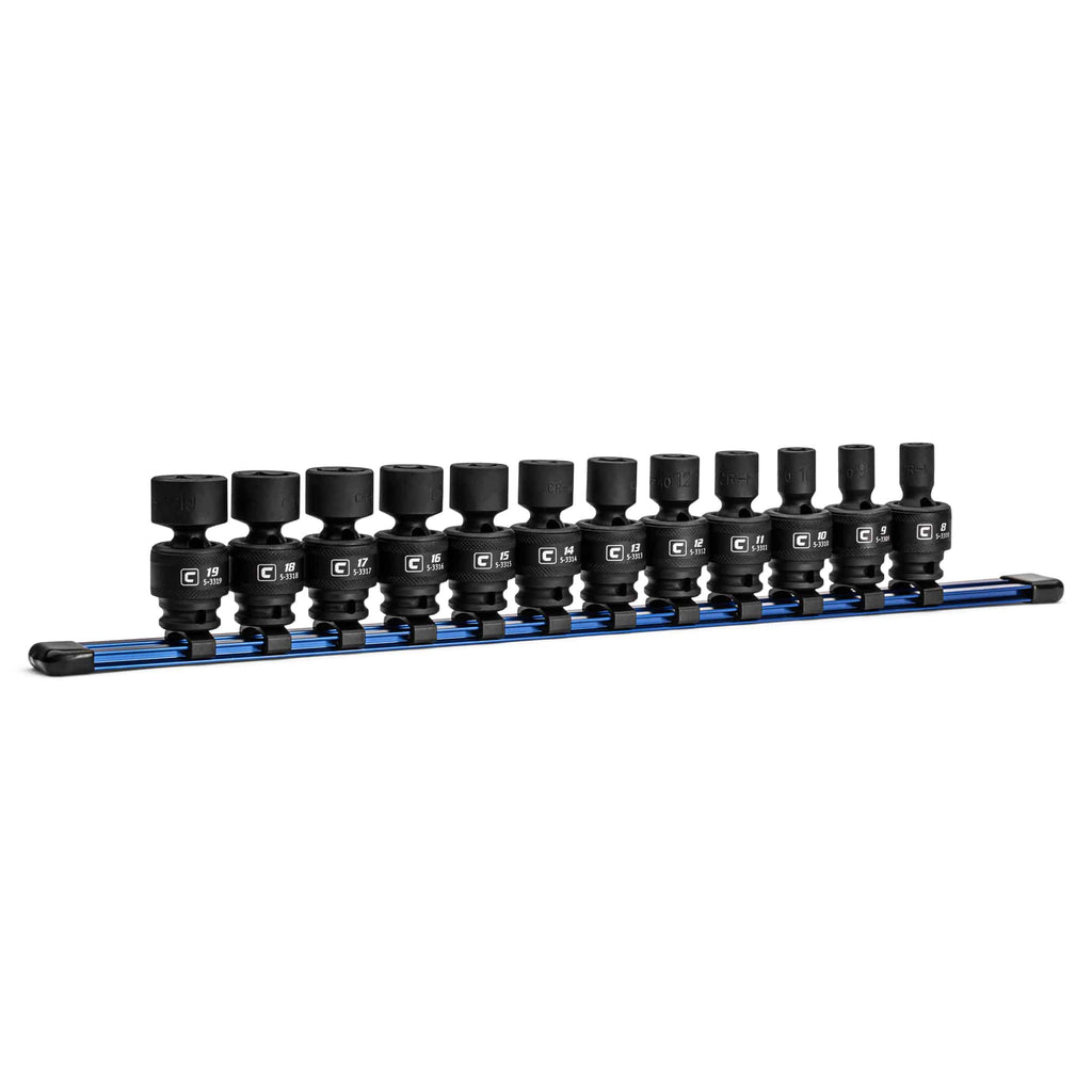 3/8" Drive Universal Impact Socket Set, 8-19 mm, Aluminum Socket Rail