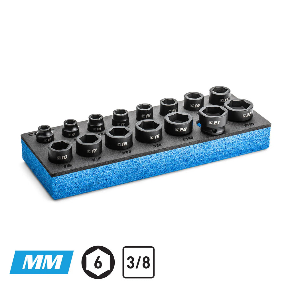 3/8" Drive 6-Point Stubby Impact Socket Set, 8-22 mm, Mechanics Tray