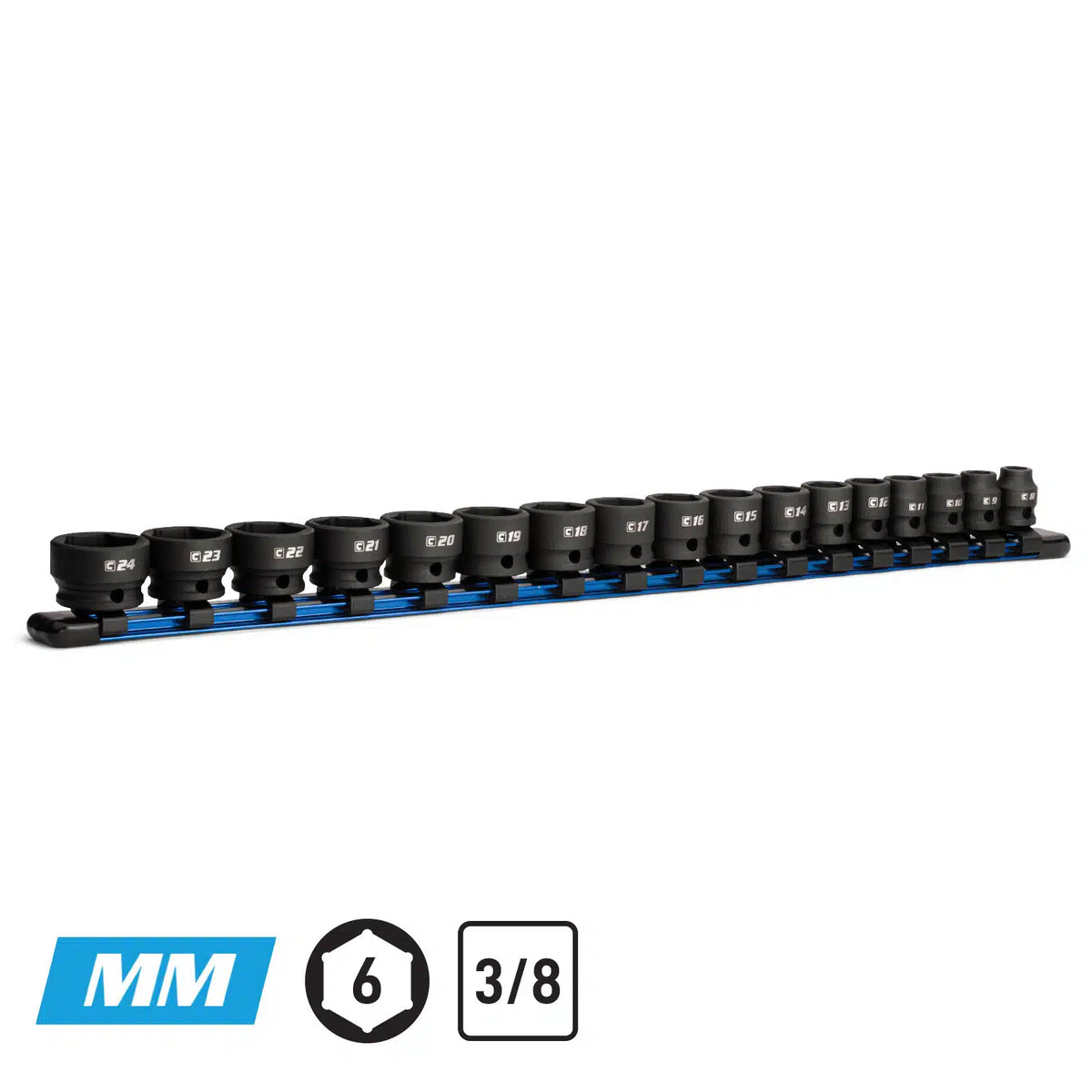 3/8" Drive Stubby Impact Socket Set, 8-24 mm, Aluminum Socket Rail