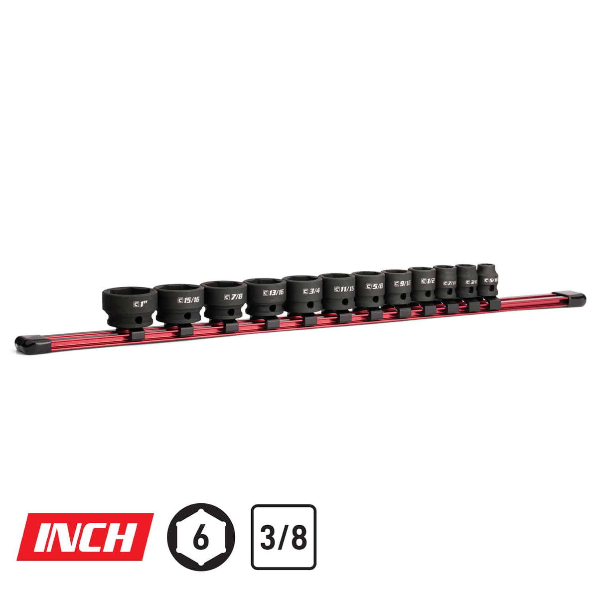 3/8" Drive Stubby Impact Socket Set, 5/16-1" Aluminum Socket Rail