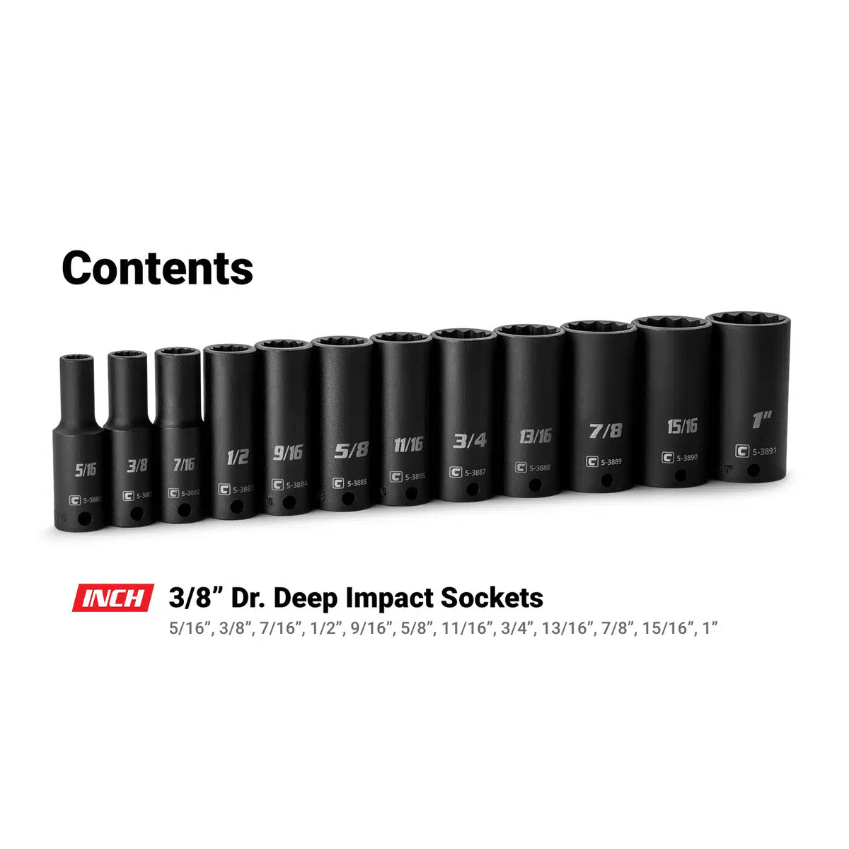 3/8" Drive 12-Piece 12-Point Deep Impact Socket Set, 5/16-1"