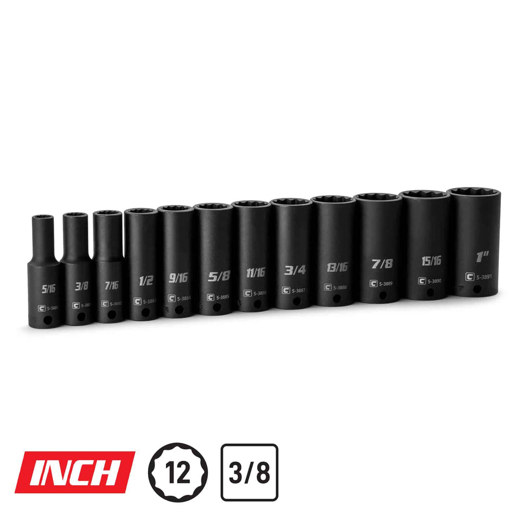 3/8" Drive 12-Piece 12-Point Deep Impact Socket Set, 5/16-1"