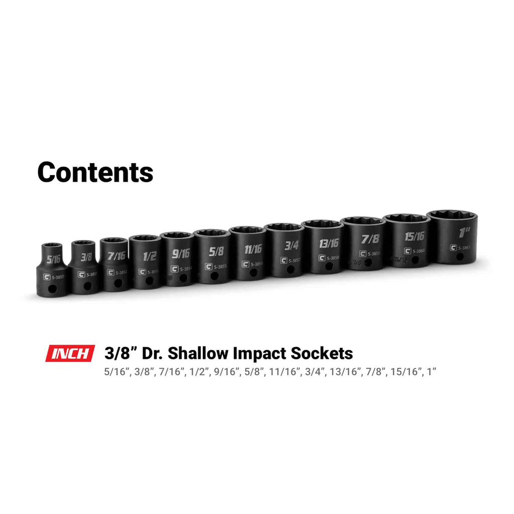 3/8" Drive 12-Piece 12-Point Shallow Impact Socket Set, 5/16-1"