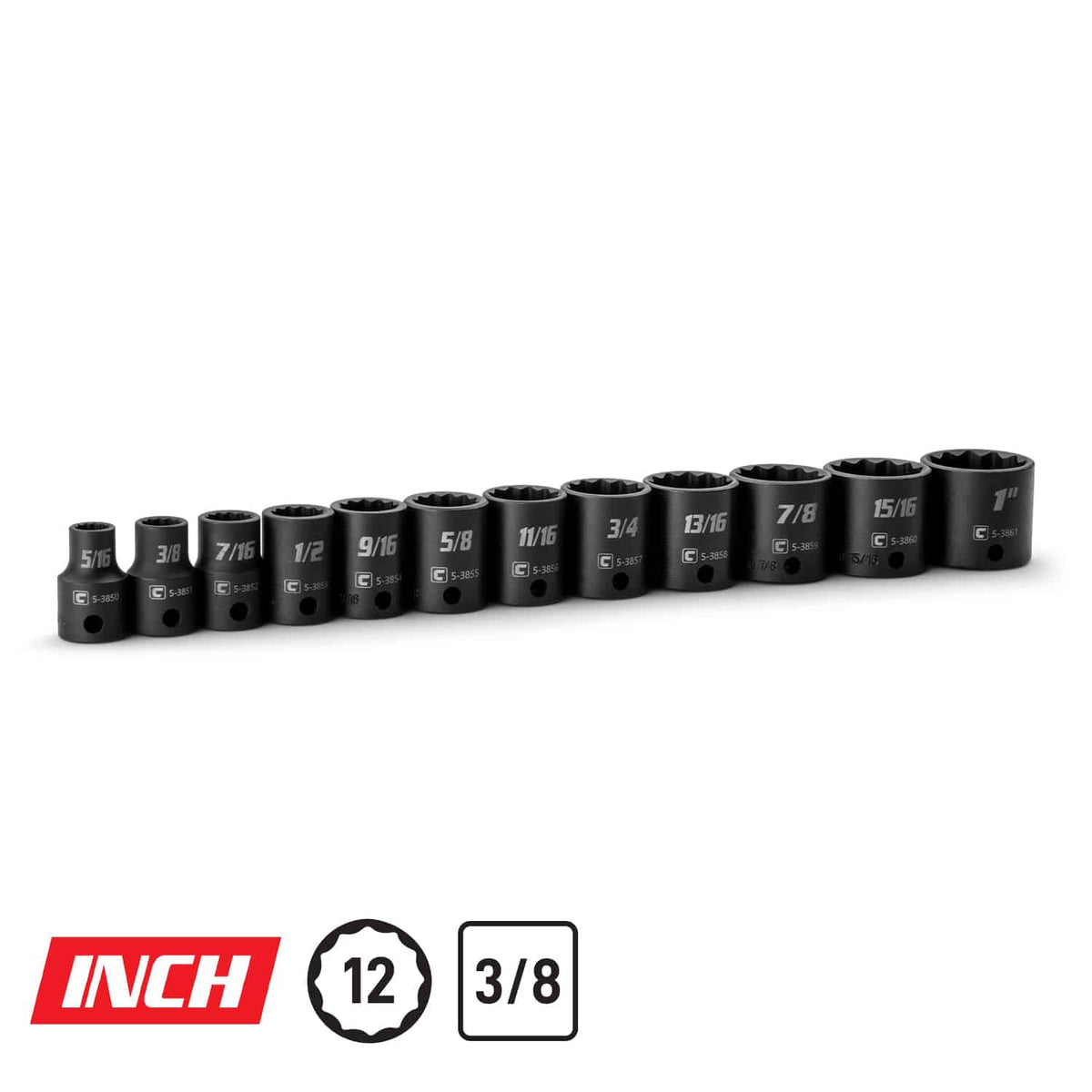 3/8" Drive 12-Piece 12-Point Shallow Impact Socket Set, 5/16-1"